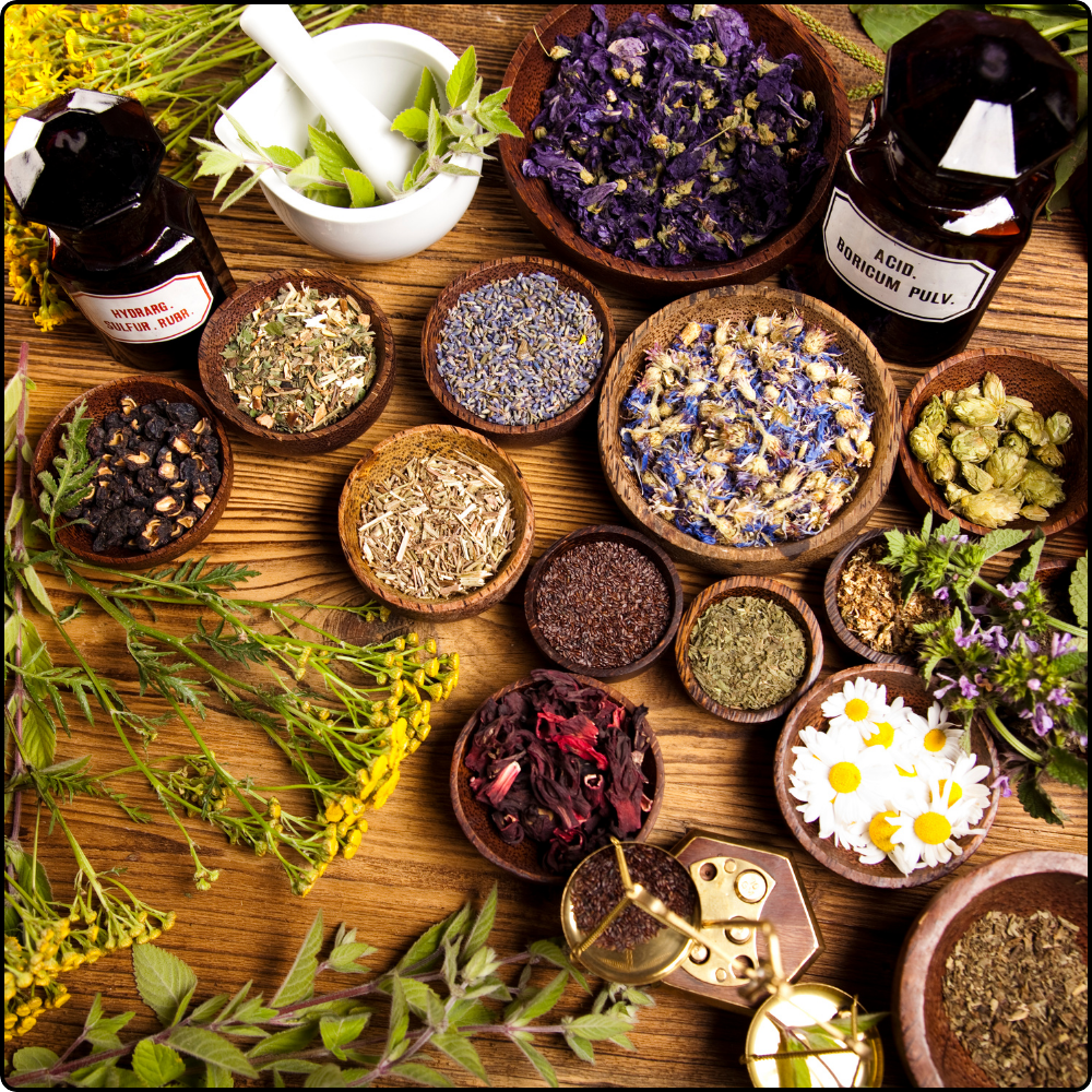 This picture shows a lot of bowls filled with natural ingredients.